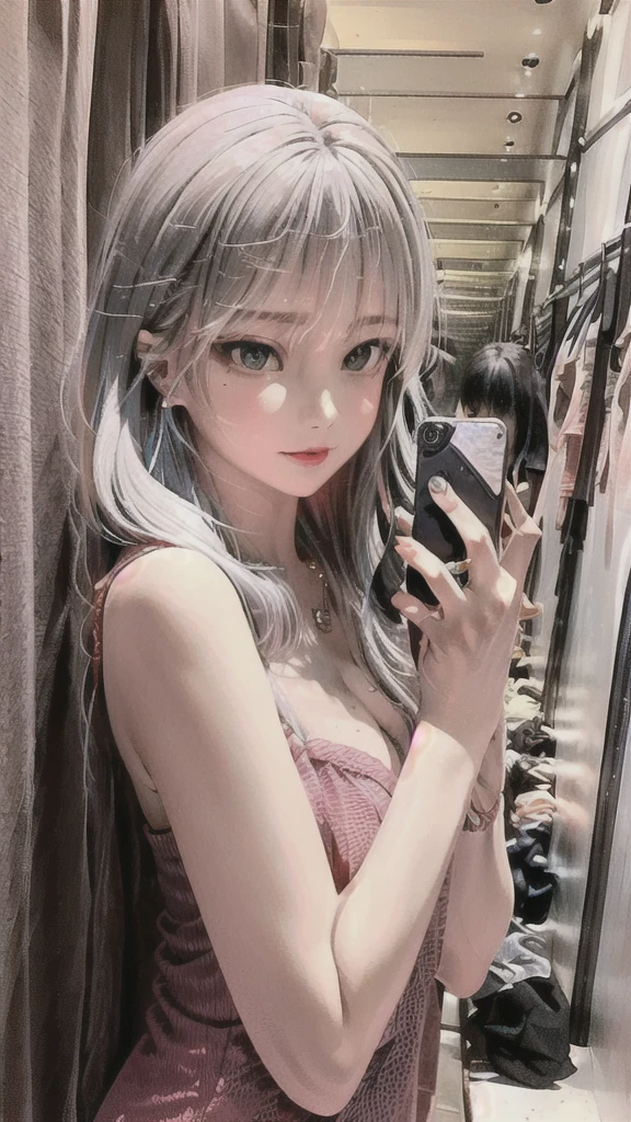 (masterpiece), best quality, 8K resolution, 3d, enlargement, Beautiful girl, With a necklace, beautiful mole under left eye , perfect look, ((Beautiful detailed face)), (upper body: 1.3)(Lower body 1.2), black hair , delicate makeup, red lips, shiny lips, long eyelashes, With silver earrings, bright big eyes, eye shadow, Lying on a silkworm, movie lights, a cute girl, master work, high detail, colorful pictures, Light and shadow details, 매우 섬세한 Beautiful girl, soft and fair skin, delicate facial features, perfect face, amazing beauty, extreme detail, realistic details, take a selfie with your mobile phone, clear focus: 1.2, 1 woman