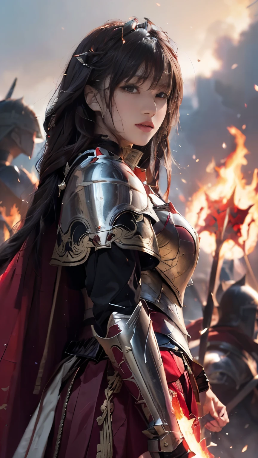 Very beautiful woman、Slender women、(Detailed face)、Realistic Skin、((Knight of Fire)), (((Red Armor:1.25)))、((((Black armor with very fine and intricate decoration))))、((Delicate photo))，(Girl Astepeace RAW Photo Details:1.25), (highest quality:1.6), (超A high resolution:1.5), (Realistic:1.75), 8K resolution, Canon EOS R5, 50mm, Absurd, Ultra-detailed,Cinema Lighting,Battlefields of Medieval Europe、((battle))、RPG World、Final Fantasy、(((Embellished skirt)))、Thigh-high socks、Shin Guards、night、((too long bangs))、((One long thick dark red hair braid))、Get six-pack、Torn Cloak、Beautiful Armor、(((Giant Sword)))、In combat、The wind is blowing、(((Inferno filling the entire area)))、(((Leading a large group of red knights)))、(((Knight Commander)))、Armor with a Phoenix motif、Old scar on right cheek:1.2、((Fire blaze))、(((Battle Scene)))、((nsfw))