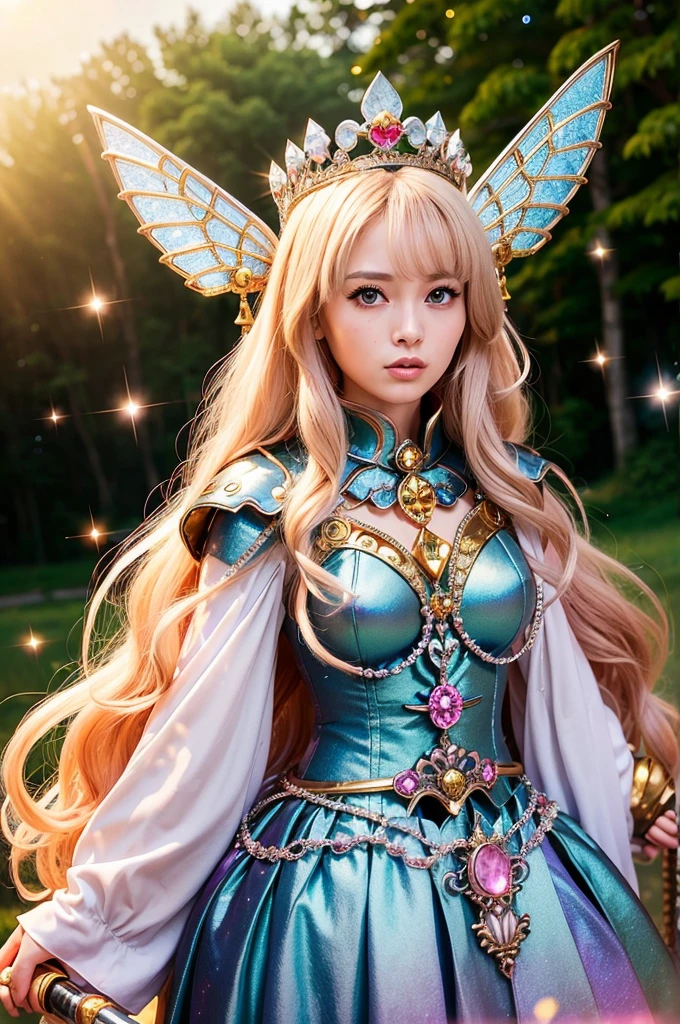 (Tabletop), Professional , masterpiece、Highest quality、Photo Real , Depth of written boundary （Gemstone Silver Metal Body:1.９),(Matt W White Pink、Jewel Gold Weapon、（Gorgeous castle background）、（The ultimate beauty）、（Rainbow fairy wings grow）、Particles of light、（Metal body of iridescent gemstones:1.９),Gorgeous jeweled metal weapons , Details of the Sword of the Brave ,（ Blonde） ,Warhammer 40K , Acquired sisterhood,Detailed decorative jeweled crown、solo、Brown Hair、（Gangl Forest Background）、美しい白people美people、１people、Dynamic Angle,(((A luxurious diamond tiara with attention to detail)))、Small Face、Powerful pose、（Gorgeous castle background）、Large file size、Beautiful 20 year old woman、Stand in the center of the screen、Slender female fingers、Straight Long Hair、美しい白people美people、（maikurobiki）、Hair blowing in the wind、Look forward、Look at the viewers、

