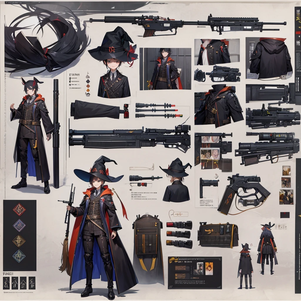 Magic Gun Master、He has a rifle.、Witch Hat、smile, 4 poses,(Character Sheet:1) (Multiple Views Full Body Upper Body Reference Sheet:1)