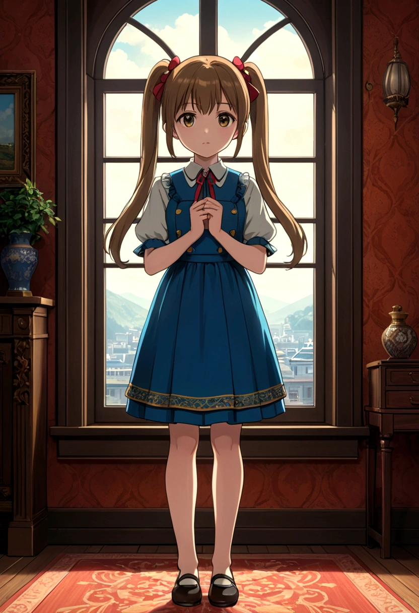 A girl, Twin Tails, by the window, full body, cinematic still, cinemascope, best quality, masterpiece, very aesthetic, perfect composition, intricate details, ultra-detailed