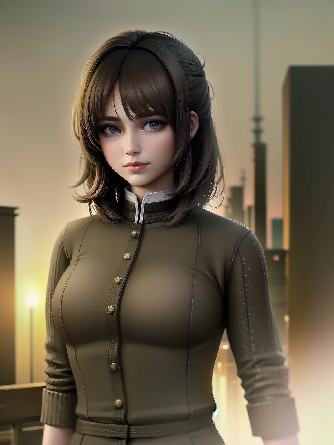 (Highest quality、16K、masterpiece、Ultra-high resolution、Victorian era、Photorealistic:1.2)、A delicate Lolita girl, , stands on a castle balcony at dusk, surrounded by the city's skyline and steampunk contraptions. Her platinum hair is messy, framing her androgynous charm. She wears a flowing white dress with a light green tie and holds a pocket watch in hand. A subtle smile plays on her lips as she gazes out at the night view, her eyes shining like sapphires. The air is filled with steam spewing from pipes, adding to the surreal atmosphere. Her skin glows with an ultra-dense texture, and her fingers are full and detailed.
