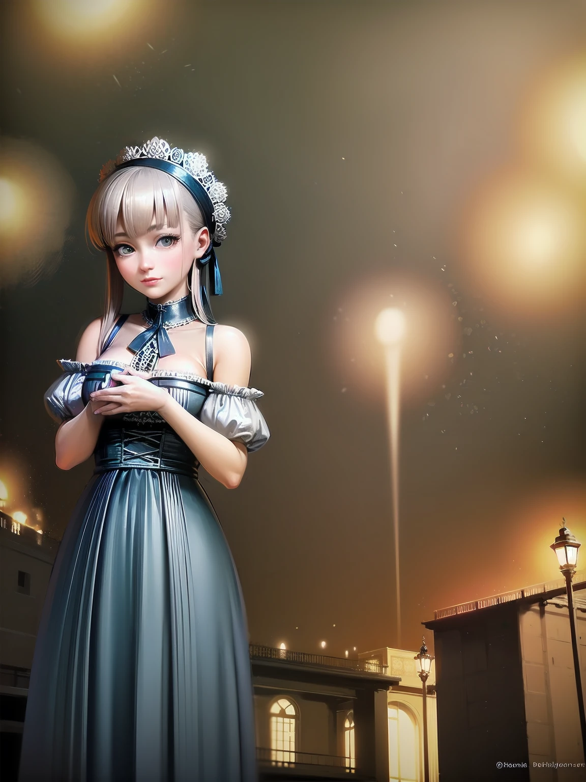 (Highest quality、16K、masterpiece、Ultra-high resolution、Victorian era、Photorealistic:1.2)、A delicate Lolita girl, aged 13, stands on a castle balcony at dusk, surrounded by the city's skyline and steampunk contraptions. Her platinum hair is messy, framing her androgynous charm. She wears a flowing white dress with a light green tie and holds a pocket watch in hand. A subtle smile plays on her lips as she gazes out at the night view, her eyes shining like sapphires. The air is filled with steam spewing from pipes, adding to the surreal atmosphere. Her skin glows with an ultra-dense texture, and her fingers are full and detailed.