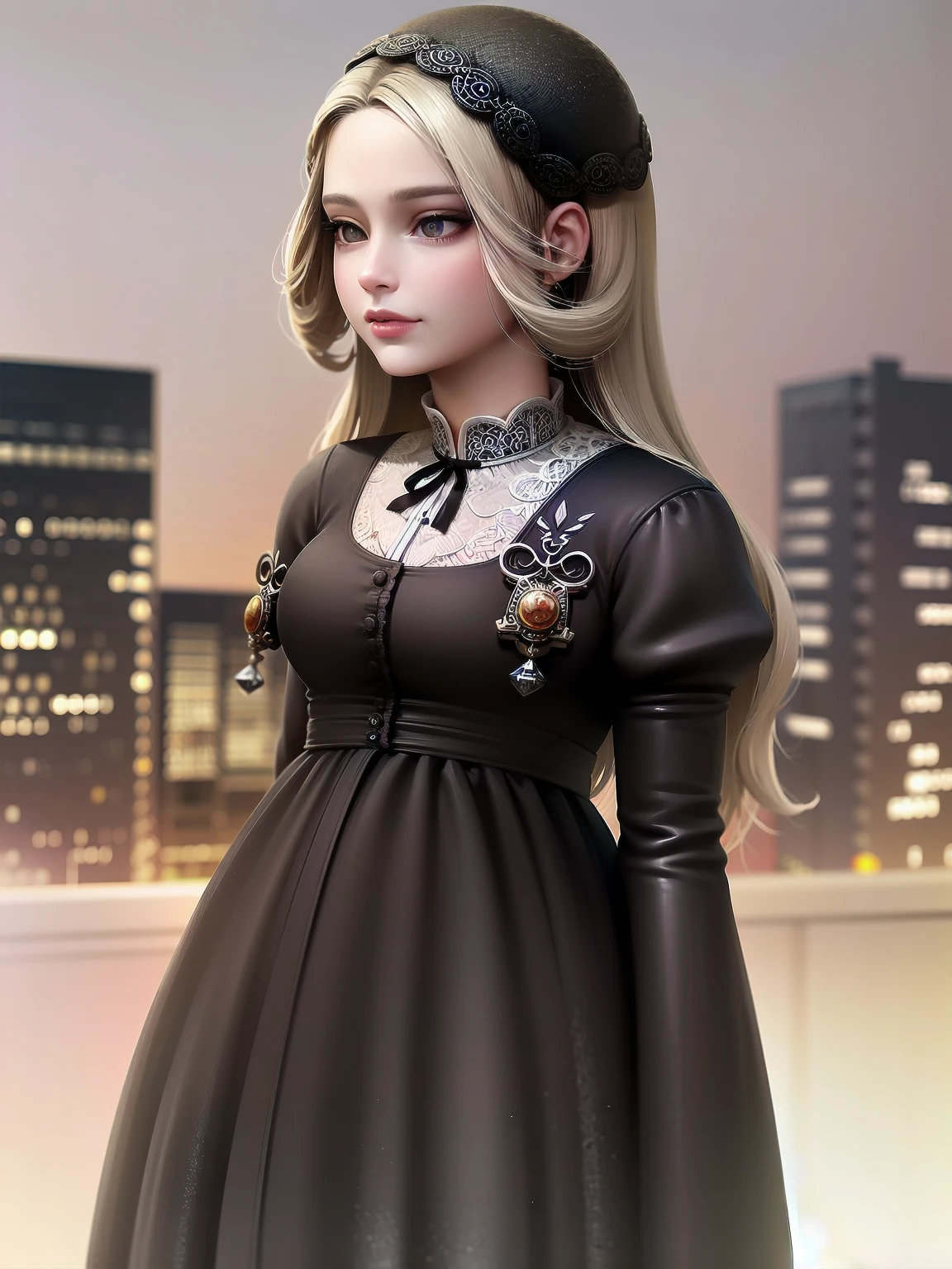 (Highest quality、16K、masterpiece、Ultra-high resolution、Victorian era、Photorealistic:1.2)、A delicate Lolita girl, , stands on a castle balcony at dusk, surrounded by the city's skyline and steampunk contraptions. Her platinum hair is messy, framing her androgynous charm. She wears a flowing white dress with a light green tie and holds a pocket watch in hand. A subtle smile plays on her lips as she gazes out at the night view, her eyes shining like sapphires. The air is filled with steam spewing from pipes, adding to the surreal atmosphere. Her skin glows with an ultra-dense texture, and her fingers are full and detailed.
