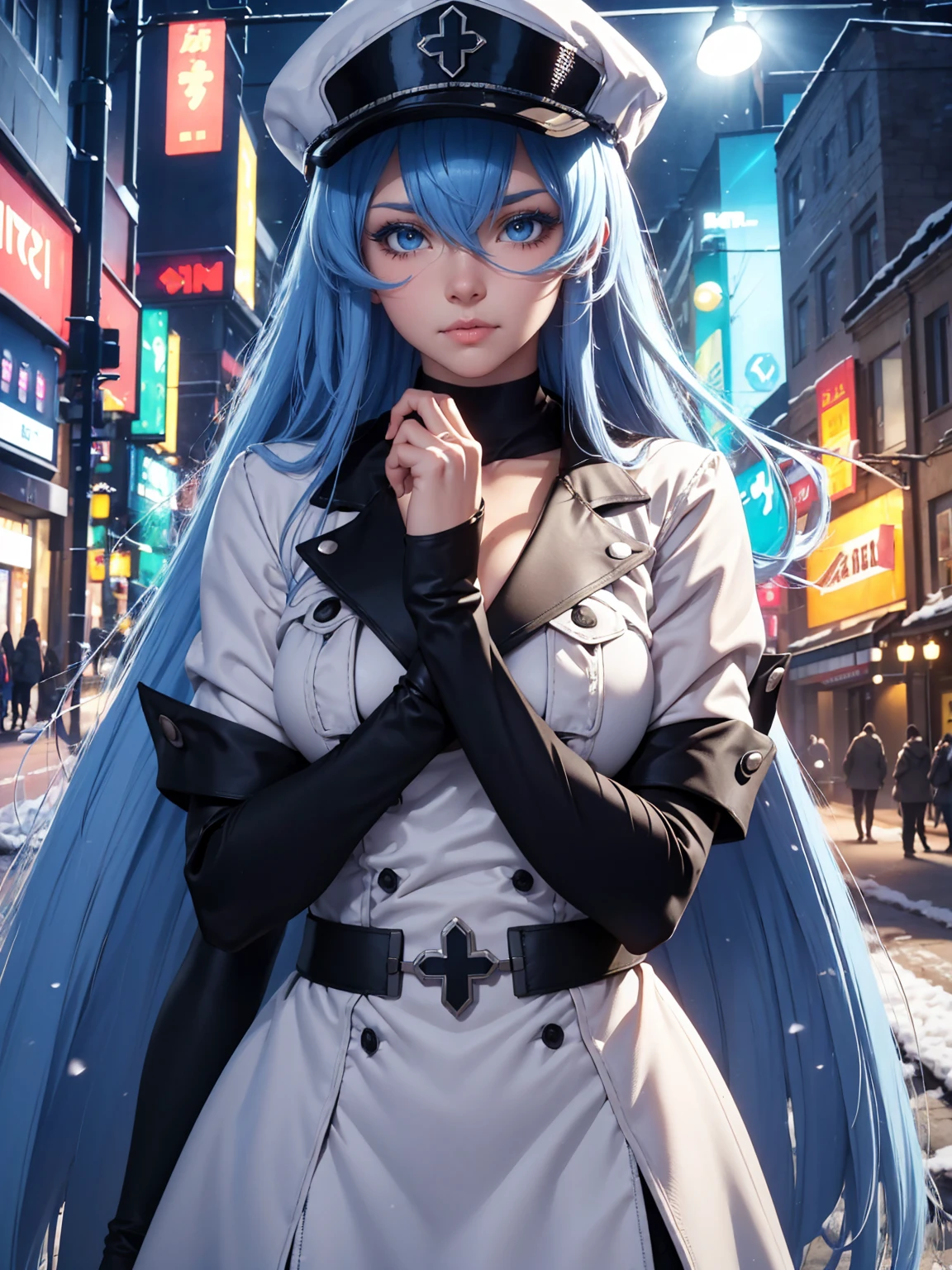 a girl with long blue hair, blue eyes, blue eyelashes, big breasts, white sweatshirt with a hat, walking, upset, on a street in Russia, snowing heavily, at night, (best quality,4k,8k,highres,masterpiece:1.2),ultra-detailed,(realistic,photorealistic,photo-realistic:1.37),HDR,UHD,studio lighting,extreme detail description,vivid colors,portrait,dramatic lighting,cold color tone