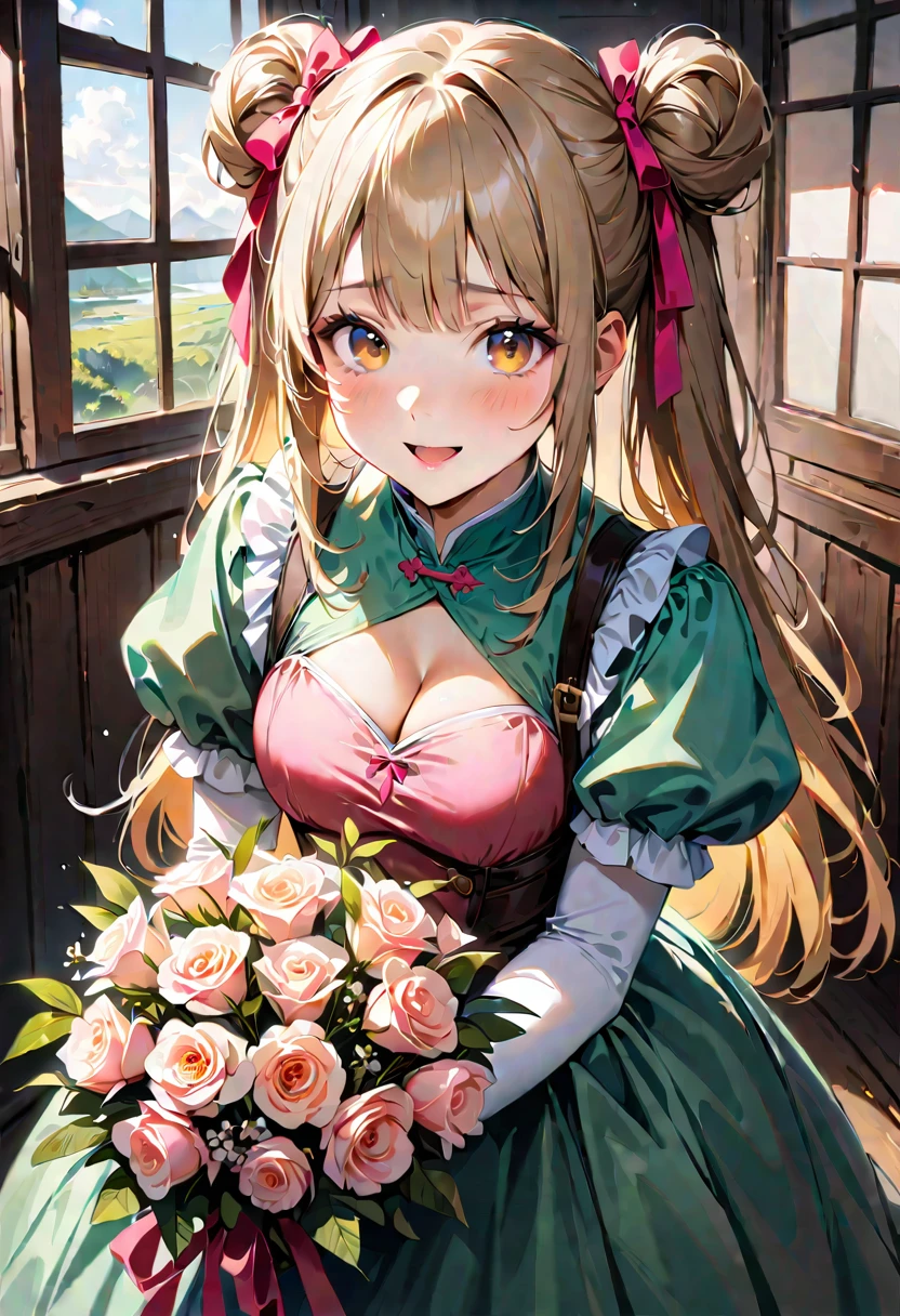 20 years old,1 girl,hyperrealistic, 8k, (extremely detailed 8k), (very delicate and beautiful), (masterpiece), (better quality:1.0), (ultra high resolution:1.0), (masterpiece, best quality), cute,blonde,cleavage cutout,(broen dress:1.3),(crop top navel:1),gleaming skin,twintails,twin bun,a pink ribbon on the head,long hair,pastel green frill Chinese-made dress,white long gloves,delighted,hold a bouquet of flowers,from the front,a bunch of flowers,POV,bust shot,white frill,puffy sleeves,cry,laugh