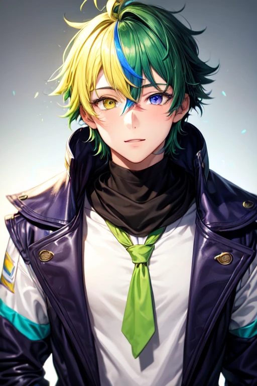 30 year old male boy, tall shaved green hair with a yellow streak with blue and green heterochromia eyes, with purple magic on your body