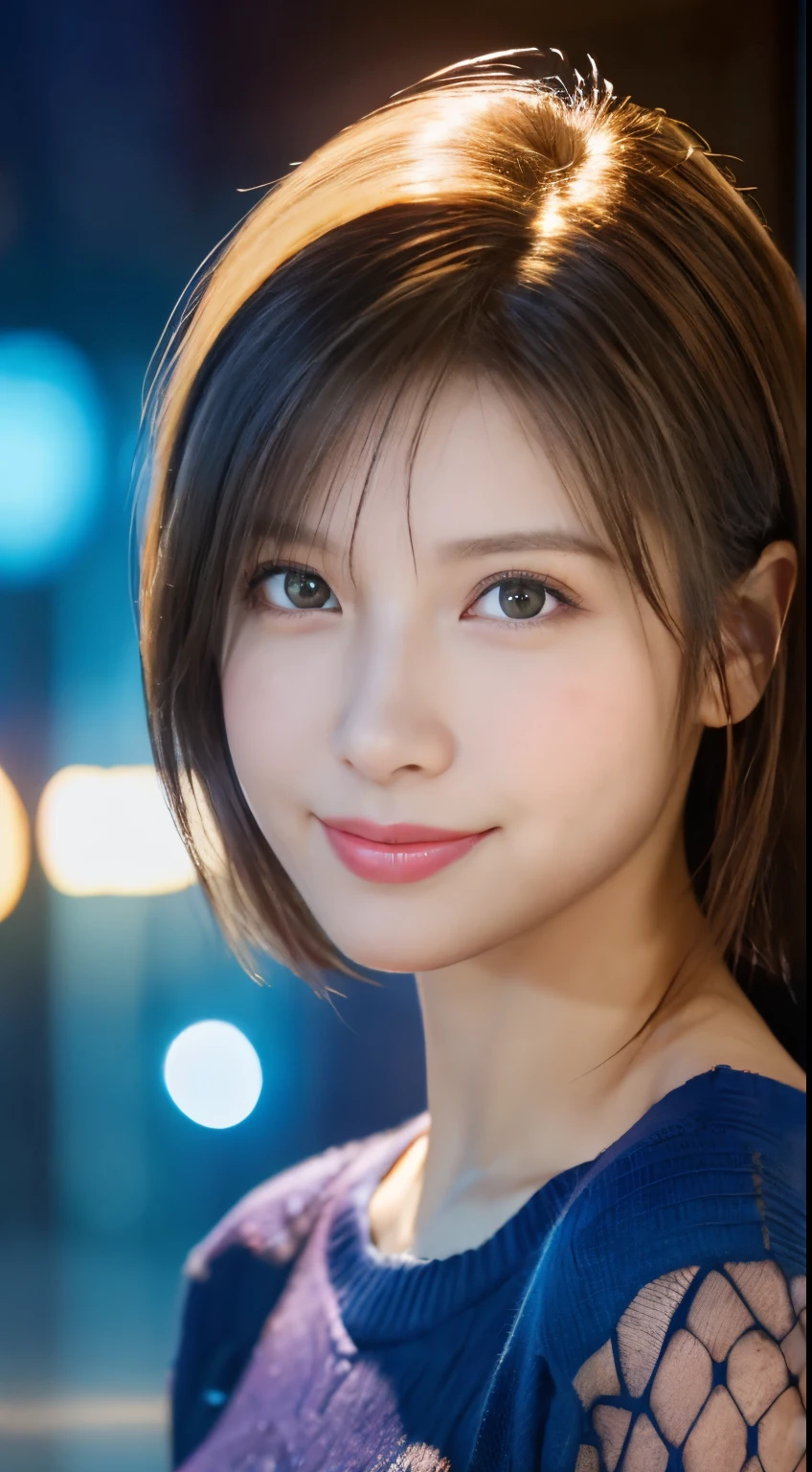(logo, masterpiece, 8K, Tabletop, RAW Photos, wonderful, 最high quality, Photorealistic and very detailed CG composite 8k wallpaper, high quality, Very detailed, Narrative poem, Particle Effects, Dynamic Effects, Depth of the Boundary, Cinematic Light, Lens flare, Ray Tracing), short hair beautiful young woman, Hair tied back, high detail skin, very fine, fine skin texture, beautiful face, realistic eyes, beautifully detailed eyes, realistic skin, beautiful skin, surreal, smiling eyes, Hair and light eyes, Vibrant, Colorful lights and bokeh. The lighting casts a warm glow on her face and hair, Blue glow, Water surface reflection, Creates a dreamy and magical atmosphere, Big Breasts, Brown Hair, short hair, plump lower lip, pink blush on the cheeks , pink lips, brown tight no-shoulder knit sweater