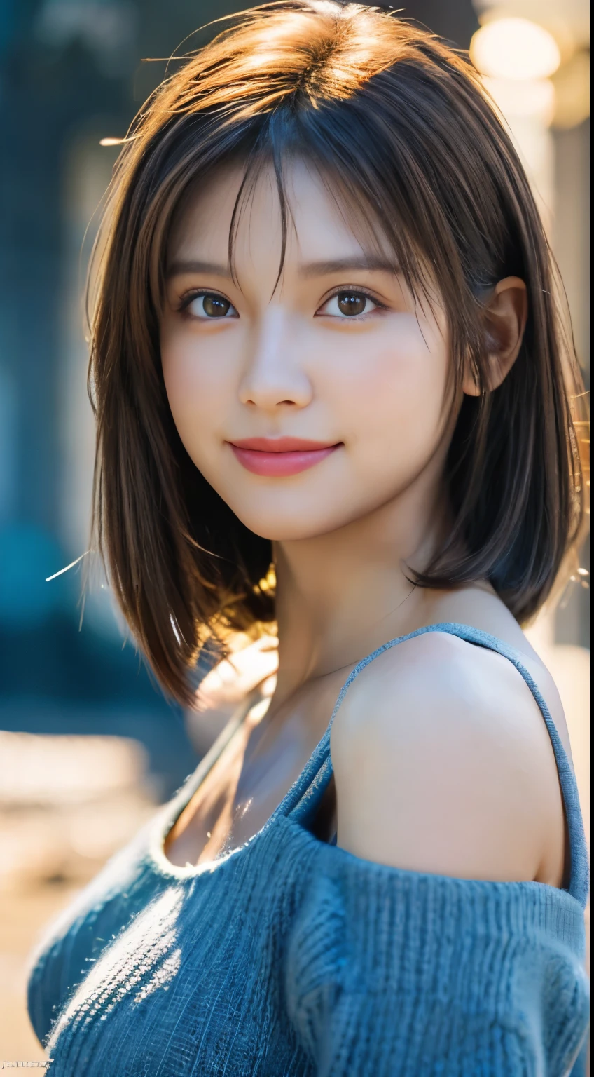 (logo, masterpiece, 8K, Tabletop, RAW Photos, wonderful, 最high quality, Photorealistic and very detailed CG composite 8k wallpaper, high quality, Very detailed, Narrative poem, Particle Effects, Dynamic Effects, Depth of the Boundary, Cinematic Light, Lens flare, Ray Tracing), short hair beautiful young woman, Hair tied back, high detail skin, very fine, fine skin texture, beautiful face, realistic eyes, beautifully detailed eyes, realistic skin, beautiful skin, surreal, smiling eyes, Hair and light eyes, Vibrant, Colorful lights and bokeh. The lighting casts a warm glow on her face and hair, Blue glow, Water surface reflection, Creates a dreamy and magical atmosphere, Big Breasts, Brown Hair, short hair, plump lower lip, pink blush on the cheeks , pink lips, brown tight no-shoulder knit sweater