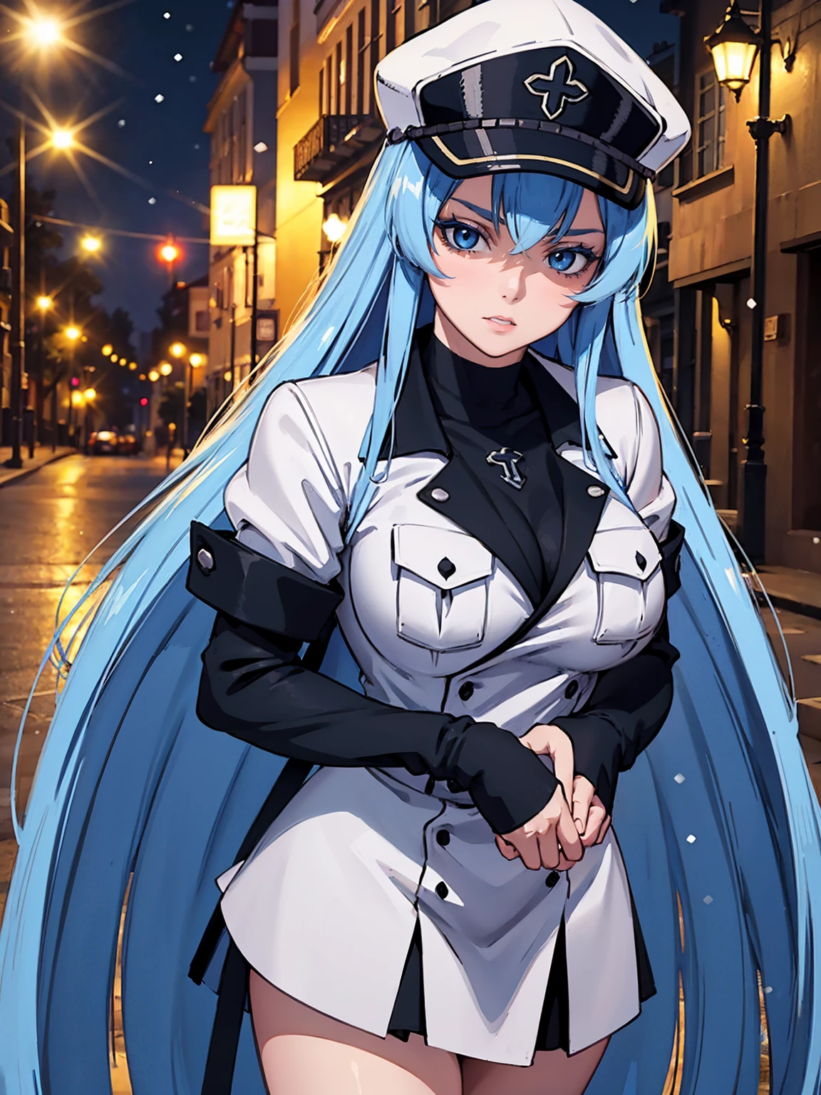 a girl with long blue hair, blue eyes, blue eyelashes, big breasts, white sweatshirt with a hat, walking, upset, on a street in Russia, snowing heavily, at night, (best quality,4k,8k,highres,masterpiece:1.2),ultra-detailed,(realistic,photorealistic,photo-realistic:1.37),HDR,UHD,studio lighting,extreme detail description,vivid colors,portrait,dramatic lighting,cold color tone