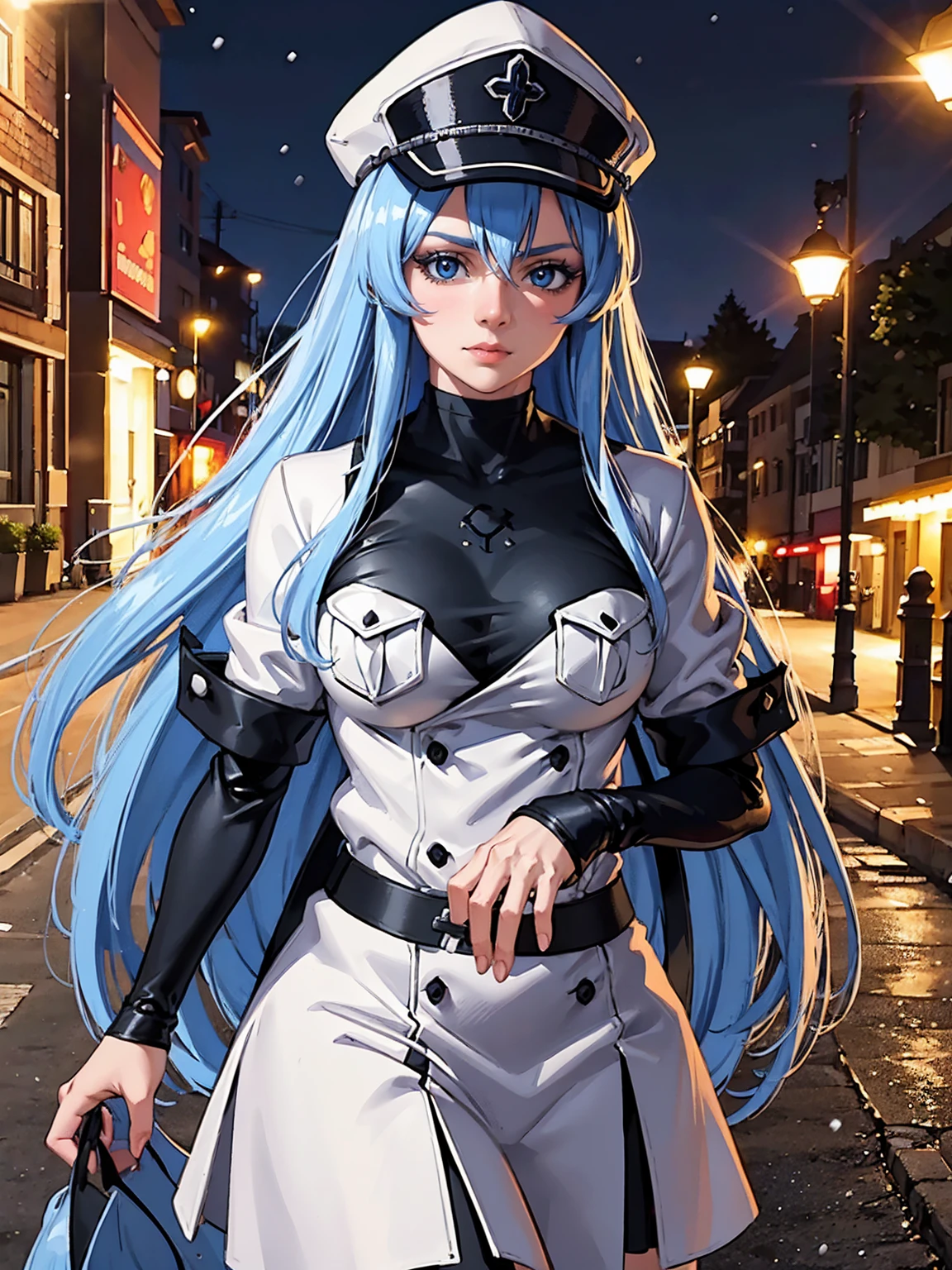 a girl with long blue hair, blue eyes, blue eyelashes, big breasts, white sweatshirt with a hat, walking, upset, on a street in Russia, snowing heavily, at night, (best quality,4k,8k,highres,masterpiece:1.2),ultra-detailed,(realistic,photorealistic,photo-realistic:1.37),HDR,UHD,studio lighting,extreme detail description,vivid colors,portrait,dramatic lighting,cold color tone