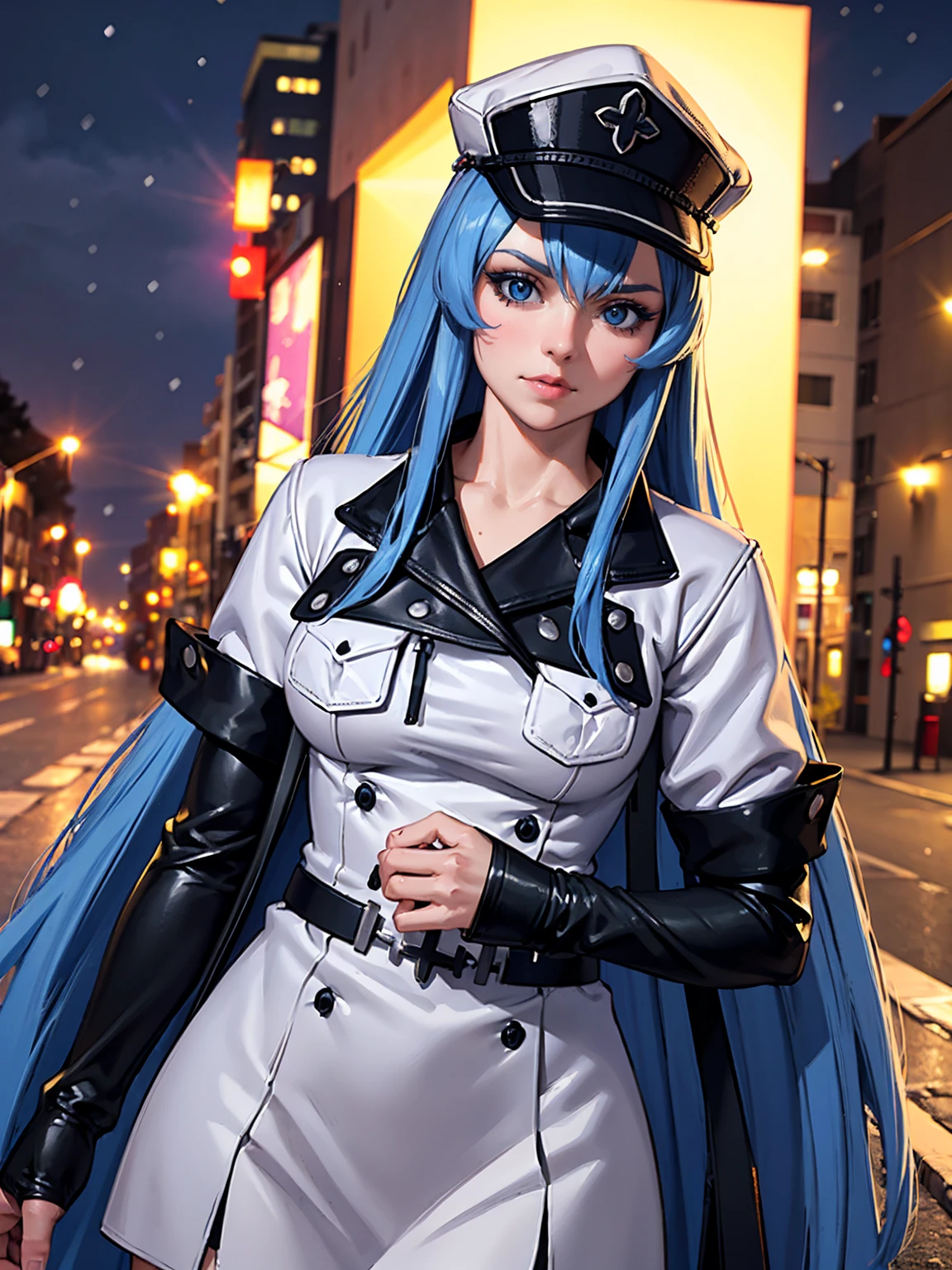 a girl with long blue hair, blue eyes, blue eyelashes, big breasts, white sweatshirt with a hat, walking, upset, on a street in Russia, snowing heavily, at night, (best quality,4k,8k,highres,masterpiece:1.2),ultra-detailed,(realistic,photorealistic,photo-realistic:1.37),HDR,UHD,studio lighting,extreme detail description,vivid colors,portrait,dramatic lighting,cold color tone