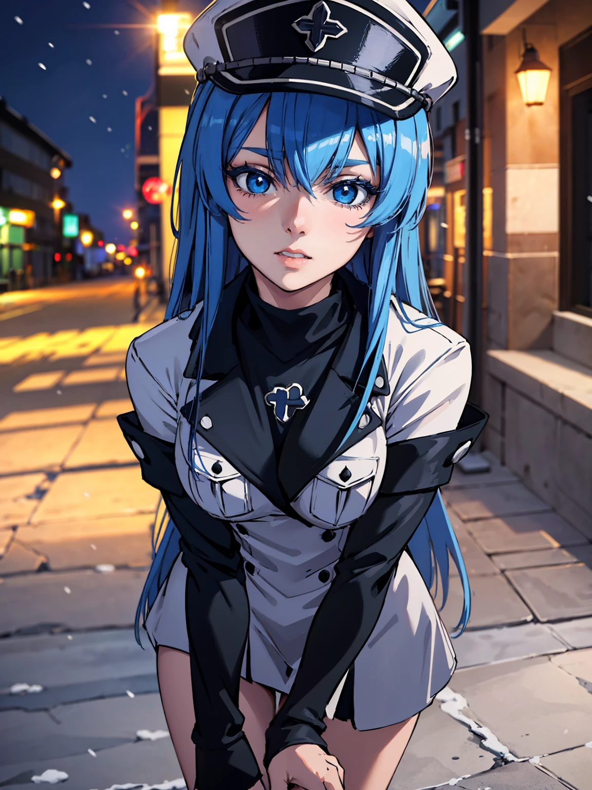 a girl with long blue hair, blue eyes, blue eyelashes, big breasts, white sweatshirt with a hat, walking, upset, on a street in Russia, snowing heavily, at night, (best quality,4k,8k,highres,masterpiece:1.2),ultra-detailed,(realistic,photorealistic,photo-realistic:1.37),HDR,UHD,studio lighting,extreme detail description,vivid colors,portrait,dramatic lighting,cold color tone