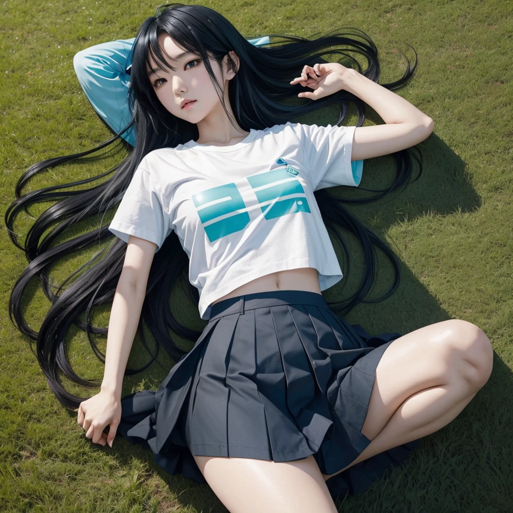 Miku Nakano with long black hair, a short blue skirt, a short white t-shirt with blue edges, lying sensually on the green grass.