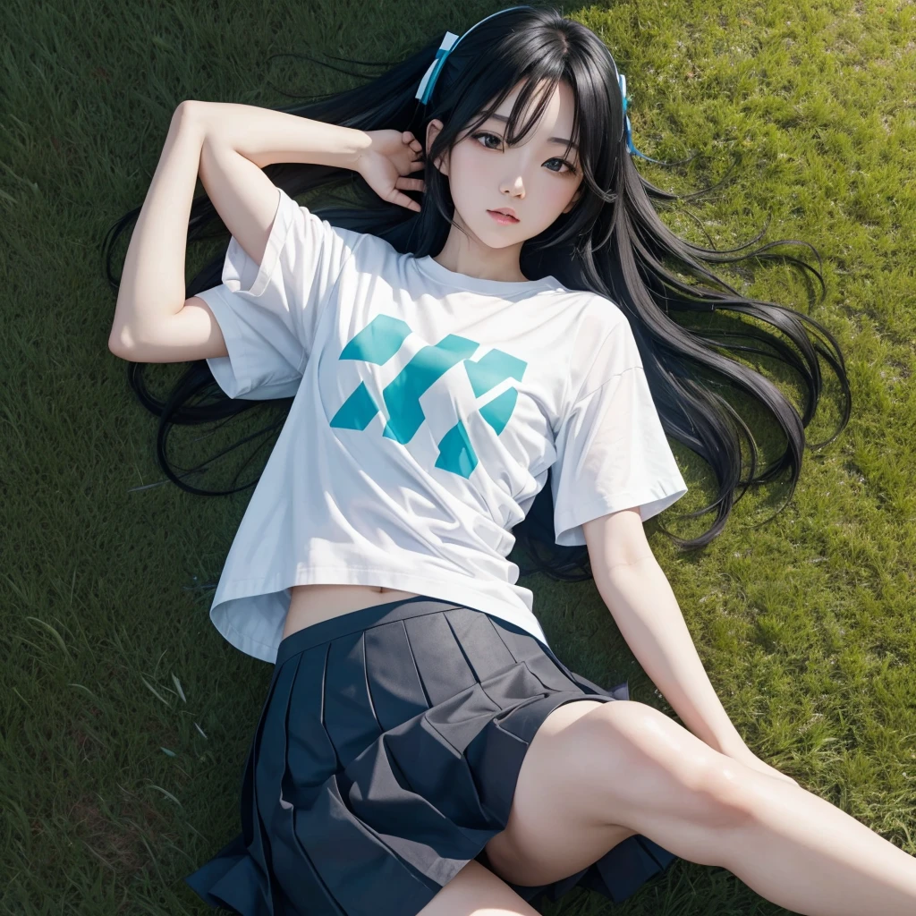 Miku Nakano with long black hair, a short blue skirt, a short white t-shirt with blue edges, lying sensually on the green grass.
