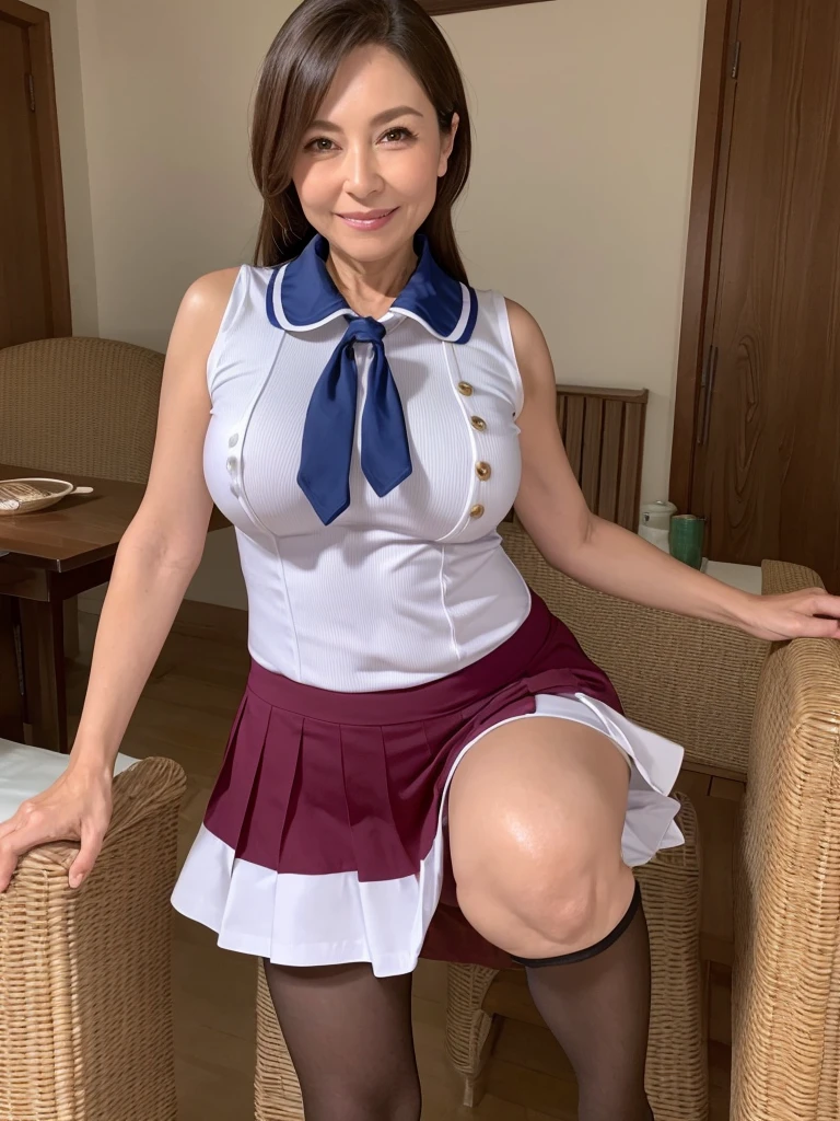 Highest quality、masterpiece、8K、Very detailed、Realistic、50 years old、Wrinkles around the eyes、Wrinkles around the mouth、One person、Looking at me with a smile、whole body、Big Breasts、Erect nipples、Thin and beautiful legs、Tight and slim waist、A tight-fitting, sleeveless waitress uniform with buttons and a collar、skirt