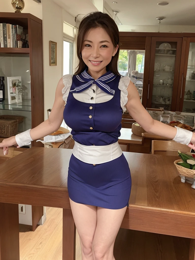 Highest quality、masterpiece、8K、Very detailed、Realistic、50 years old、Wrinkles around the eyes、Wrinkles around the mouth、One person、Looking at me with a smile、whole body、Big Breasts、Erect nipples、Thin and beautiful legs、Tight and slim waist、A tight-fitting, sleeveless waitress uniform with buttons and a collar、skirt