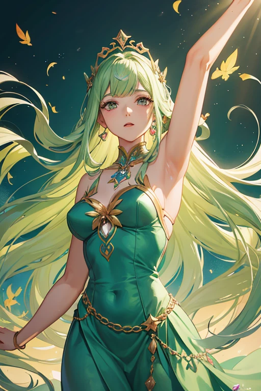 Cute girl, long hair falling like threads of liquid gold and sparkling under the light, eyes of emerald green, sparkling like precious stones, skin as soft as flower petals, with a light color resembling moonlight, big breasts, wearing a dress that shines like magic, decorated with delicate patterns resembling stars. Around her waist was a belt of light feathers that trembled and beat like a heart.