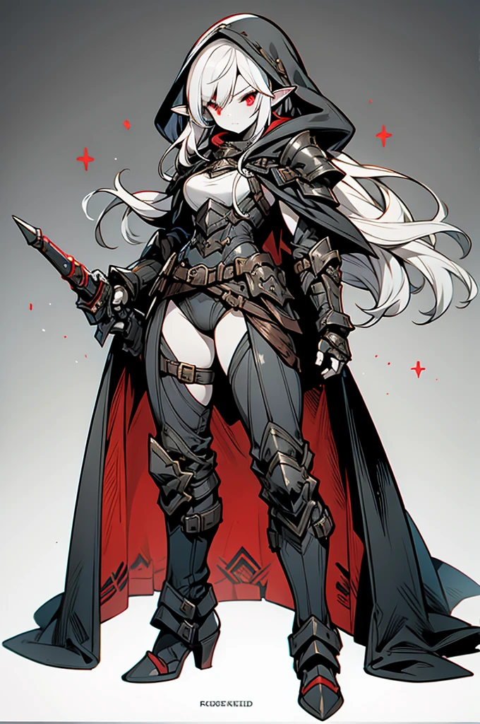 female elf rogue, silver hair, white skin, sinister black hooded cape, red eyes, leather armor, full body art, pointy ears, holding pistol.