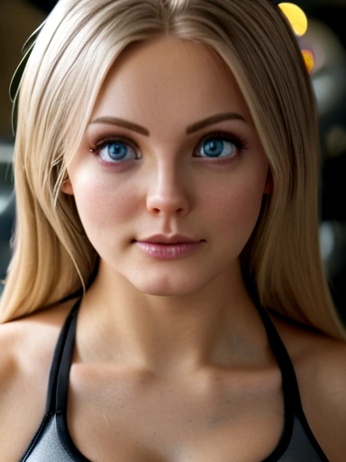 (((ultra realistic))), photo, (masterpiece, best quality trending on artstation), (long blonde hair:1.2), (detailed eyes:1.2), detailed hair, shiny skin, (detailed skin and pores:1.3), large breasts, massivecleavage, (grey sports bra:1.1), yoga pants, slim waist, perfect hips, bokeh, depth of field, soft lighting, (play of light and shadow:1.2), ultra detailed