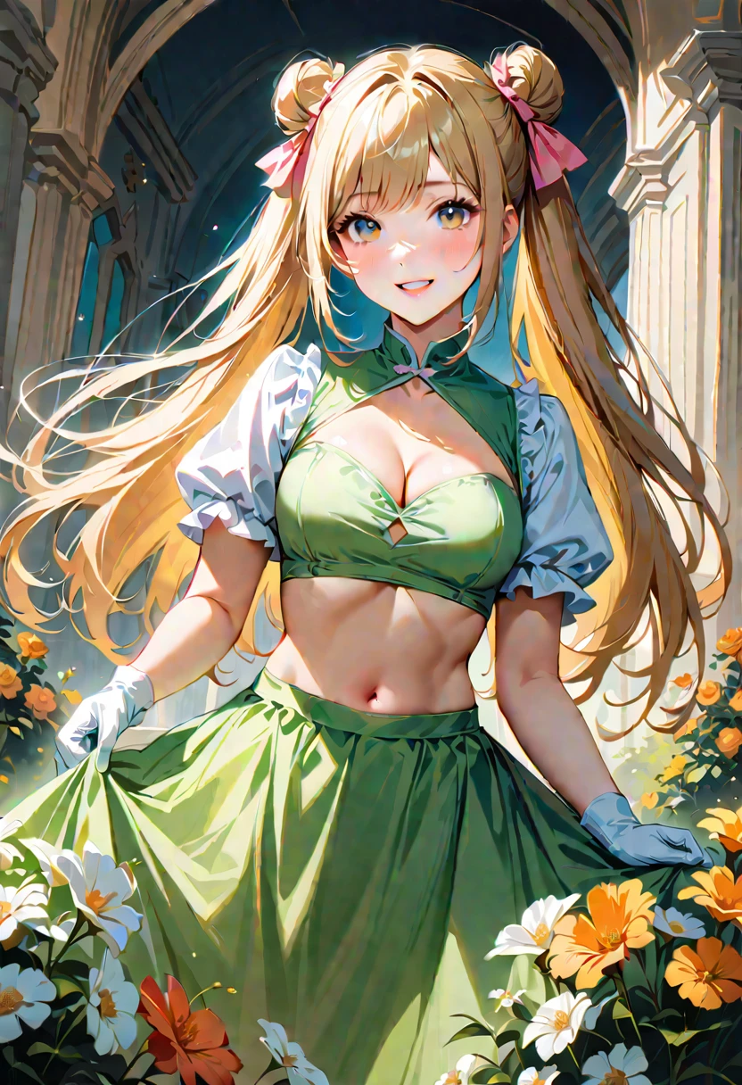 20 years old,1 girl,hyperrealistic, 8k, (extremely detailed 8k), (very delicate and beautiful), (masterpiece), (better quality:1.0), (ultra high resolution:1.0), (masterpiece, best quality), cute,blonde,cleavage cutout,(broen dress:1.3),(crop top navel:1),gleaming skin,twintails,twin bun,a pink ribbon on the head,long hair,pastel green frill Chinese-made dress,white long gloves,delighted,hold a bouquet of flowers,from the front,a bunch of flowers,POV,bust shot,white frill,puffy sleeves,surrounded by flowers