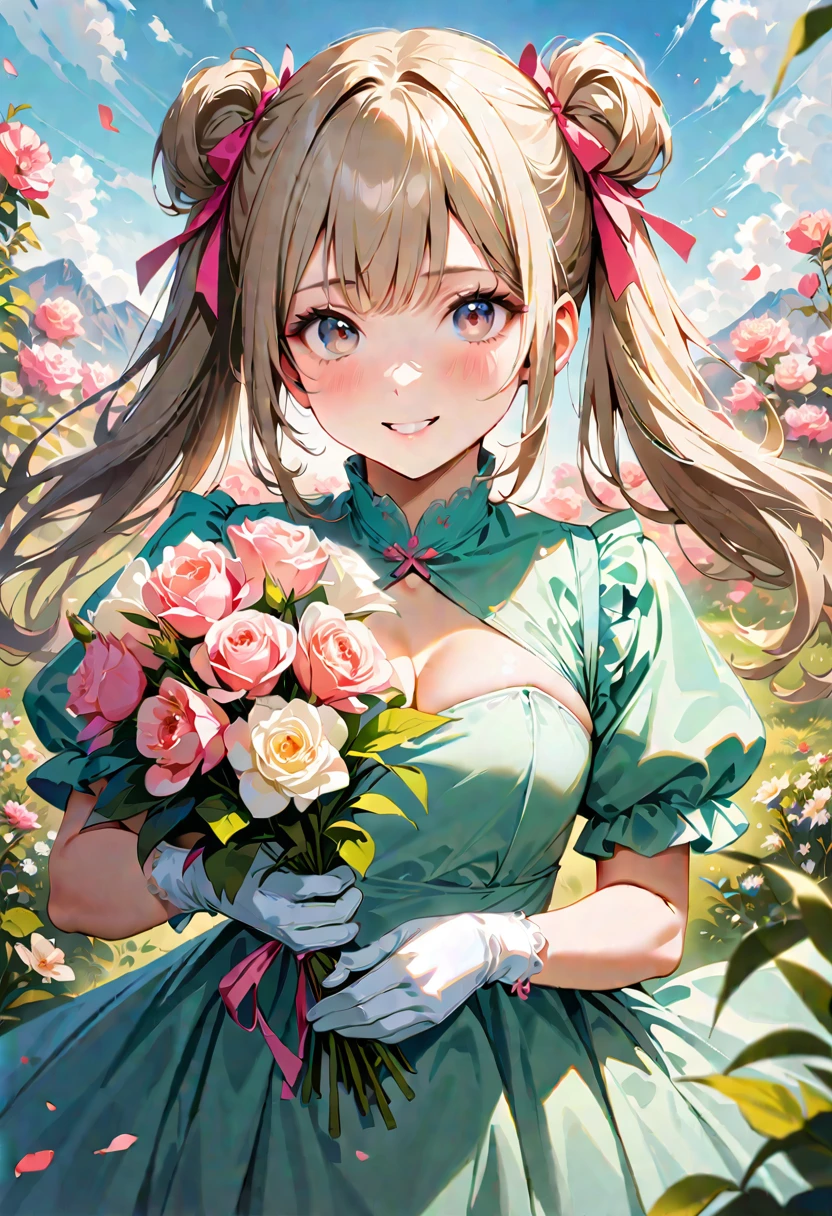 20 years old,1 girl,hyperrealistic, 8k, (extremely detailed 8k), (very delicate and beautiful), (masterpiece), (better quality:1.0), (ultra high resolution:1.0), (masterpiece, best quality), cute,blonde,cleavage cutout,(broen dress:1.3),(crop top navel:1),gleaming skin,twintails,twin bun,a pink ribbon on the head,long hair,pastel green frill Chinese-made dress,white long gloves,delighted,hold a bouquet of flowers,from the front,a bunch of flowers,POV,bust shot,white frill,puffy sleeves,surrounded by flowers,cry for joy