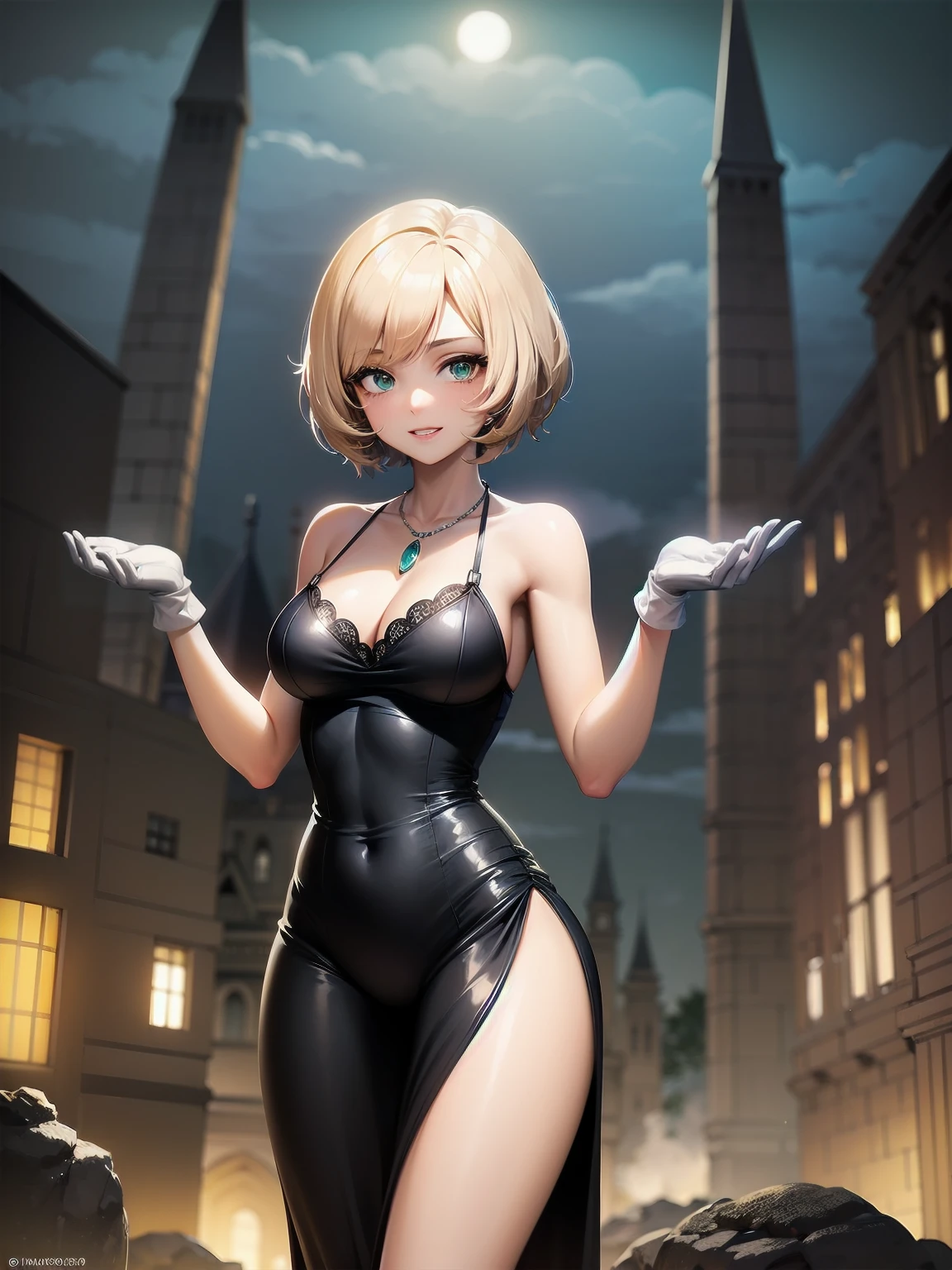 (Masterpiece:1.2), (Top quality: 1.2), Super high resolution, Very detailed,.
BREAK.
, ((Anime girl standing with happiness in her hands)), Crazy girl, (1,ta,Boyish, , 12 y3), Light smile, , Girl looking like a boy, Bob-cut hair, Shaggy hair, Very large breasts, nubile, slender body, overflowing with soft fat mass. Small hips, Vertically large eyes, Fine and beautiful eyes, Well-proportioned irises and pupils, Expressive eyes, Beautifully detailed lips, High resolution detailed hair, Perfect eyes, Perfect face, Super dense skin, Full fingers, Perfect lighting,.
BREAK,.
((light green necklace)), ((black and red fine dress: 1.3)), light green tie, shining sapphire, lady, wearing white gloves,.
BREAK.
, (Steampunk), Castle balcony, Skyscraper, Night view, Equipment, Ancient ruins, Tradition, Overwhelming, Magnificent, Steam, Pipes, (Steam spewing out from pipes:1.2), Fantasy, Victorian other world, Early 19th century, Road, trees, clouds, night sky, shading, effects, detail. Masterpiece background,
BREAK.
((Positive: 1.3)),.
BREAK.
, digital animated art, cartoon-style illustrations, cartoon illustrations