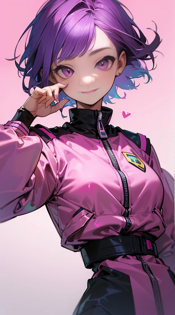 Top Quality, 8K, 4K, High Definition, Detail, (better-quality, 8K, 12), top-quality, 1 girl、only showing her face, she has purple hair, wearing a yellow pin on her right side of her hair, she has her hands together, she looking at you, she is smiling at you, medium breast, her jacket color dark gray with a pink zipper, pink eyes, showing her face and chesat, short hair long as her neck, (only showing half of her body) her jacket is loose. she is wearing earing only right ear shaped has a heart, she has her hand up making a pose, get closer to see up close of her face,