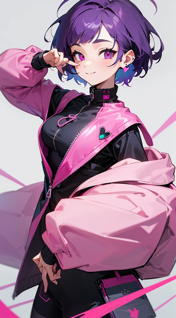 Top Quality, 8K, 4K, High Definition, Detail, (better-quality, 8K, 12), top-quality, 1 girl、only showing her face, she has purple hair, wearing a yellow pin on her right side of her hair, she has her hands together, she looking at you, she is smiling at you, medium breast, her jacket color dark gray with a pink zipper, pink eyes, showing her face and chesat, short hair long as her neck, (only showing half of her body) her jacket is loose. she is wearing earing only right ear shaped has a heart, she has her hand up making a pose, get closer to see up close of her face,
