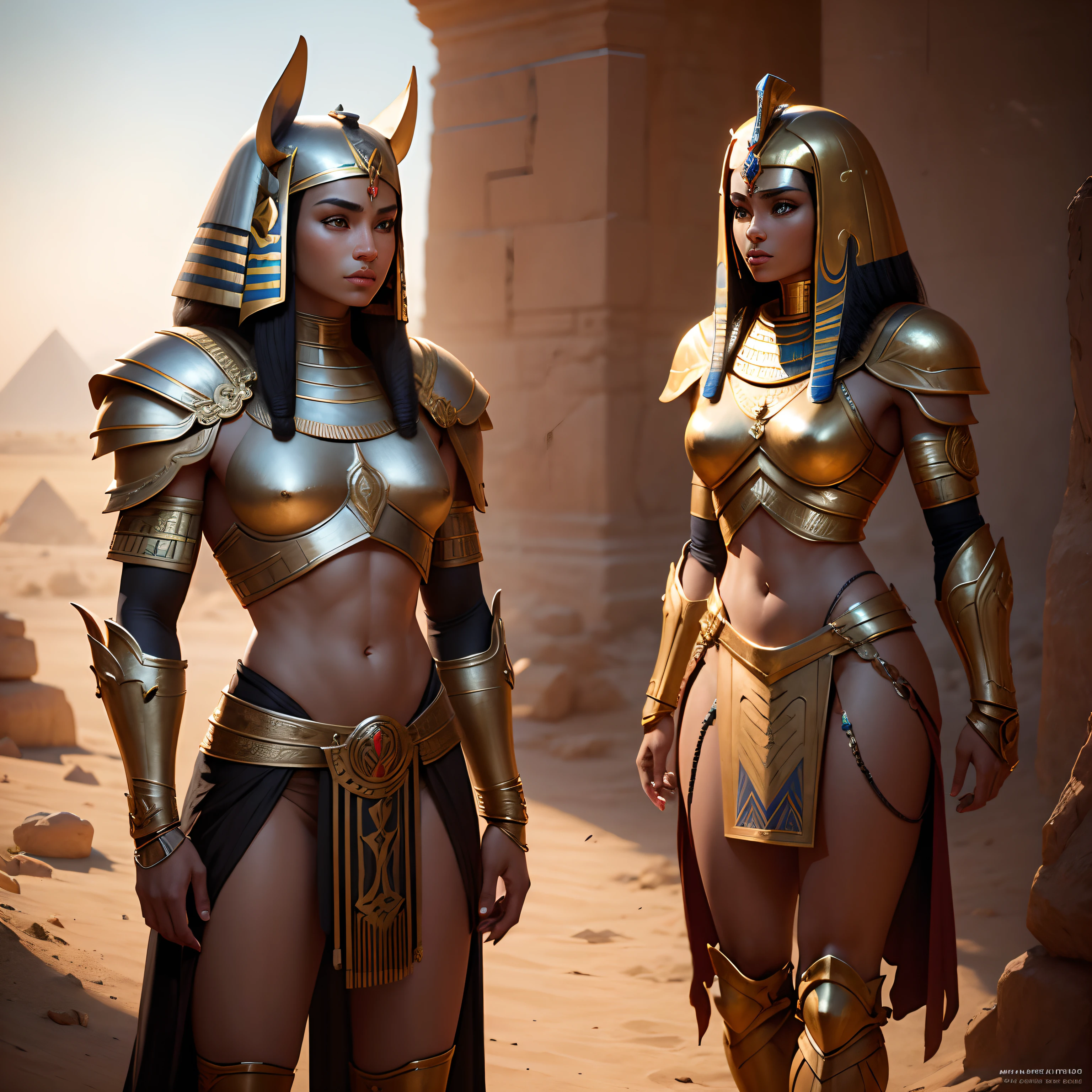 Egyptian Sphinx Warriors in Realistic 4K Armor, whole whole body,super verbose, Vray Display, unrealistic engine, Mid-Journey art style.