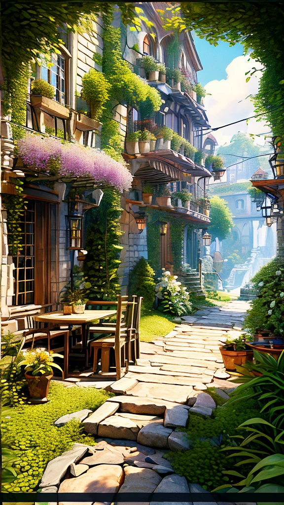 (micro landscape:1.5),(best quality), ((masterpiece)), (high resolution), illustration, The original, Very detailed wallpaper, No human, window, landscape, plant, water, potted plant, outDoors, architecture, Door, house, flower pot, sky, lily pad, Chair, flower, table, stairs, watermark, have, Tree, Sunlight, pond, Grass, inDoors, reflection, lamp, balcony, black headdress, bushing, Sky, railing, table, open window, shelf, leaf, Book, url, Copyright name, ladder, Architecture, shadow, alone, obsolete, vine, flower vase, City, coffee shop, lantern, bucket, ruins, bench, shop, sign, moss, Boat, bucket, river,