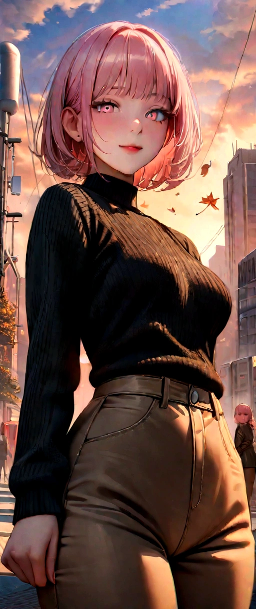 highres, highest quallity, , ultra detailed, (detailed face), (detailed eyes), soft lighting, best quality, hazy glow, dreamy atmosphere,, knitwear,colorful), cowboy shot, from below, outdoors, morning, clouds, tall buildings in background, industrial, public transportation, urban, concrete buildings, concrete, sidewalk, busy, trees, autumn, falling leaves, (8K, top-quality, masterpiece:1,2), (reallistic, Phot is orealsitic:1.37), Super Detail, One girl,), (Highly detailed), (beautifully detailed eyes), (of the highest quality), (super detailed ), (masterpiece), (Detailed face),20yr old, ,1 girl, full body, pink hair,Very short hair, medium breasts, clothed:1.5 , Perfect Lighting, breast focus, looking at viewer, aroused face, naughty face,
