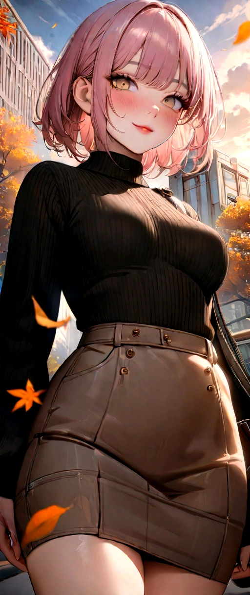highres, highest quallity, , ultra detailed, (detailed face), (detailed eyes), soft lighting, best quality, hazy glow, dreamy atmosphere,, knitwear,colorful), cowboy shot, from below, outdoors, morning, clouds, tall buildings in background, industrial, public transportation, urban, concrete buildings, concrete, sidewalk, busy, trees, autumn, falling leaves, (8K, top-quality, masterpiece:1,2), (reallistic, Phot is orealsitic:1.37), Super Detail, One girl,), (Highly detailed), (beautifully detailed eyes), (of the highest quality), (super detailed ), (masterpiece), (Detailed face),20yr old, ,1 girl, full body, pink hair,Very short hair, medium breasts, clothed:1.5 , Perfect Lighting, breast focus, looking at viewer, aroused face, naughty face,