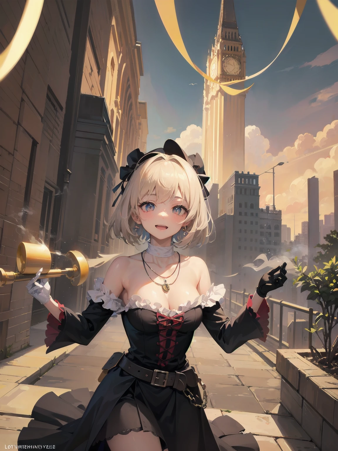 (Masterpiece:1.2), (Top quality: 1.2), Super high resolution, Very detailed,.
BREAK.
, ((Anime girl standing with happiness in her hands)), Crazy girl, (1,Lolita,Boyish, , 12 years old: 1.3), Light smile, , Girl looking like a boy, Bob-cut hair, Shaggy hair, Very large breasts, nubile, slender body, overflowing with soft fat mass. Small hips, Vertically large eyes, Fine and beautiful eyes, Well-proportioned irises and pupils, Expressive eyes, Beautifully detailed lips, High resolution detailed hair, Perfect eyes, Perfect face, Super dense skin, Full fingers, Perfect lighting,.
BREAK,.
((light green necklace)), ((black and red fine dress: 1.3)), light green tie, shining sapphire, lady, wearing white gloves,.
BREAK.
, (Steampunk), Castle balcony, Skyscraper, Night view, Equipment, Ancient ruins, Tradition, Overwhelming, Magnificent, Steam, Pipes, (Steam spewing out from pipes:1.2), Fantasy, Victorian other world, Early 19th century, Road, trees, clouds, night sky, shading, effects, detail. Masterpiece background,
BREAK.
((Positive: 1.3)),.
BREAK.
, digital animated art, cartoon-style illustrations, cartoon illustrations