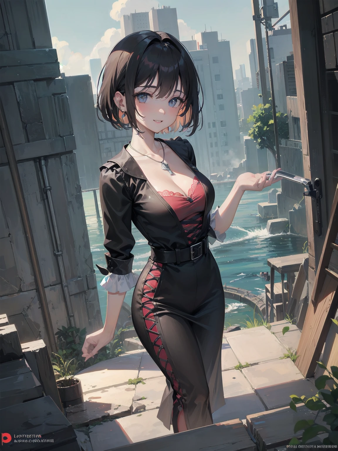 (Masterpiece:1.2), (Top quality: 1.2), Super high resolution, Very detailed,. 
BREAK.
, ((Anime girl standing with happiness in her hands)), Crazy girl, (1,Lolita,Boyish, , 12 years old: 1.3), Light smile, , Girl looking like a boy, Bob-cut hair, Shaggy hair, Very large breasts, nubile, slender body, overflowing with soft fat mass. Small hips, Vertically large eyes, Fine and beautiful eyes, Well-proportioned irises and pupils, Expressive eyes, Beautifully detailed lips, High resolution detailed hair, Perfect eyes, Perfect face, Super dense skin, Full fingers, Perfect lighting,.
 BREAK,. 
((light green necklace)), ((black and red fine dress: 1.3)), light green tie, shining sapphire, lady, wearing white gloves,. 
BREAK.
, (Steampunk), Castle balcony, Skyscraper, Night view, Equipment, Ancient ruins, Tradition, Overwhelming, Magnificent, Steam, Pipes, (Steam spewing out from pipes:1.2), Fantasy, Victorian other world, Early 19th century, Road, trees, clouds, night sky, shading, effects, detail. Masterpiece background,
BREAK.
((Positive: 1.3)),. 
BREAK.
, digital animated art, cartoon-style illustrations, cartoon illustrations