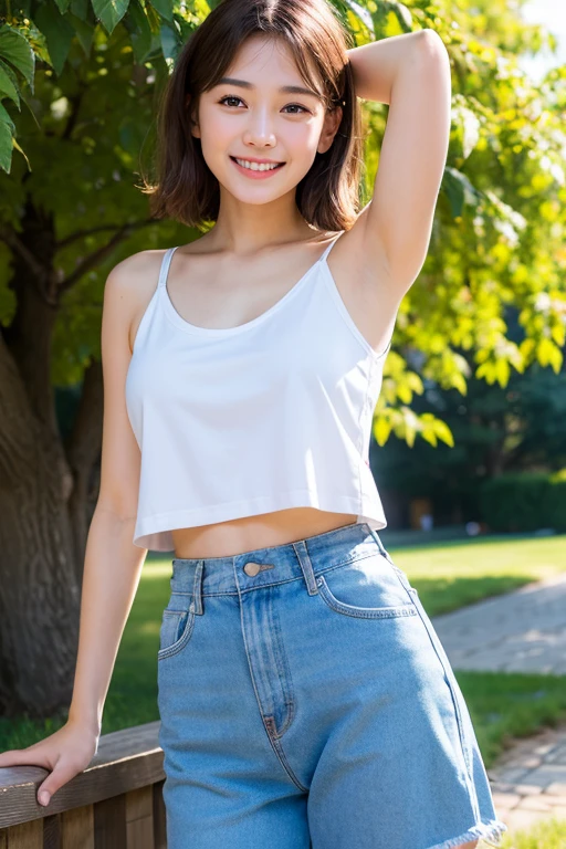 The best quality in the best condition, masterpiece, Ultra-high resolution, (Realistic:1.4), RAW Photos, One Girl,smile、Raise both arms