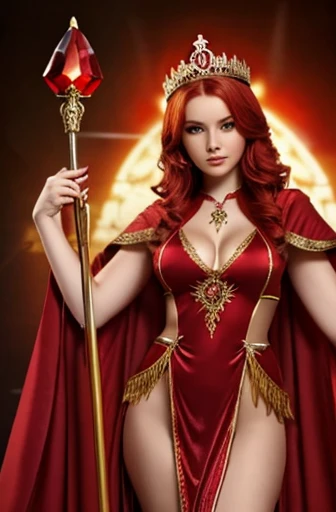 Young beautiful goddess, goddess of neutrality and red magic, fantasy red robes, attractive, desirable, red hair, flexible, cute, pear shaped body, holds a red crystal staff, a red and gold crown on her head, serious personality, clothed in red robes