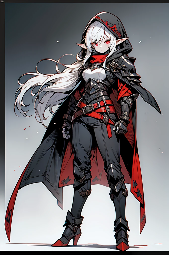 female elf rogue, silver hair, white skin, sinister black hooded cape, red eyes, leather armor, full body art, pointy ears.