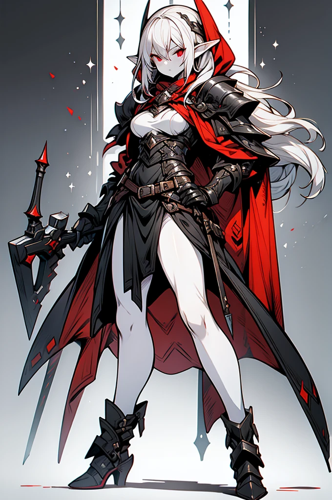 female elf rogue, silver hair, white skin, sinister black hooded cape, red eyes, leather armor, full body art, pointy ears.