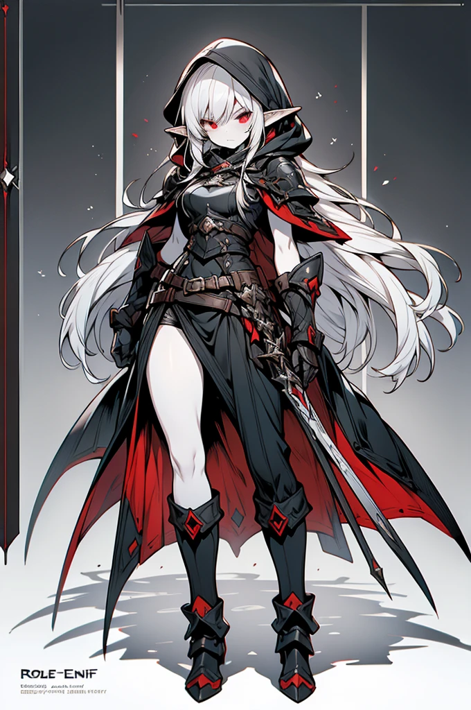 female elf rogue, silver hair, white skin, sinister black hooded cape, red eyes, leather armor, full body art, pointy ears.