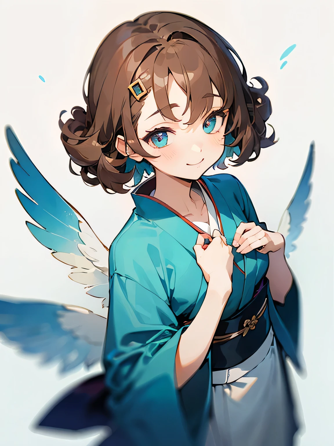 from above:1.3,solo, (very short lite brown flipped perm hairstyle),(very short sidehair), (very short backcut),pastel blue color flutter sleeves kimono yukata,Enchanting chest, hairs between eyes, crossed bangs, smile, hair ornament, simple white background