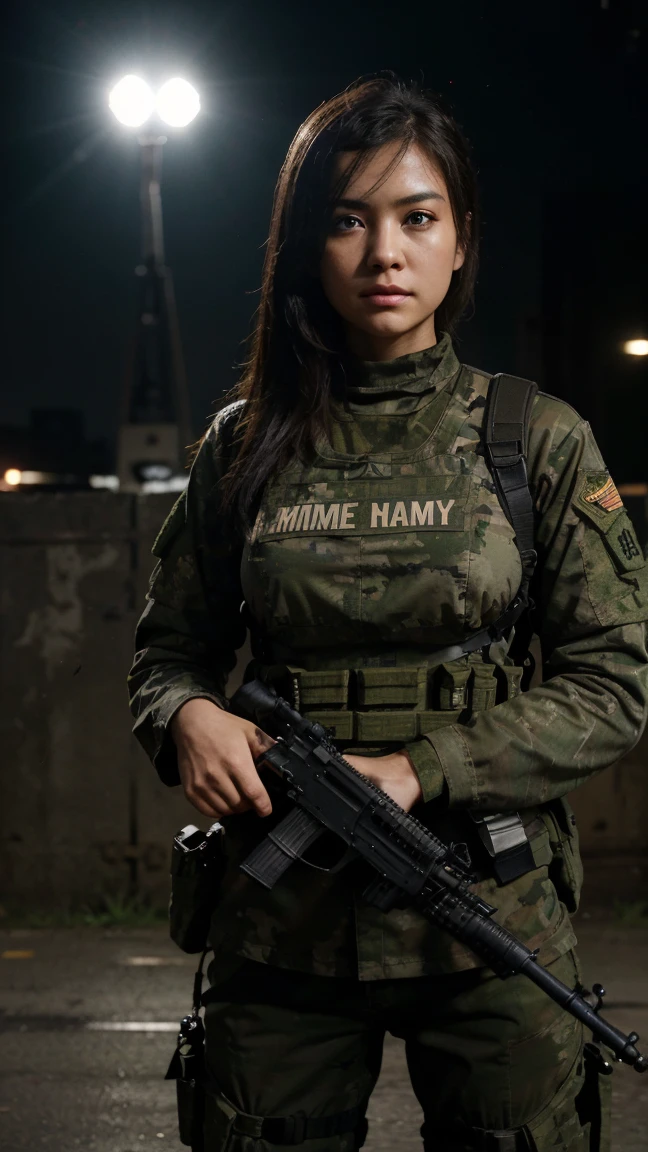 {{Masterpiece、best quality、Very detailed CG、16 ก、film light、lens flare}}、blurred background、(One women soldier aimsing a huge rifle)、wearing army bra、realistic:1.4、black short hair 、blue eyeany weaponilitary helicopter:1.6))、special forces、war、Shinjuku at night、from above view、aims、aims、Knee shot、Wide viewing angle、Fight zombies