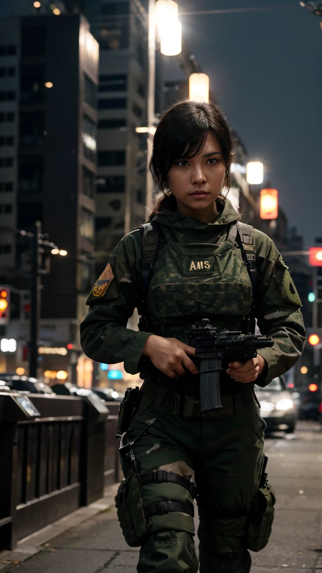 {{Masterpiece、best quality、Very detailed CG、16 ก、film light、lens flare}}、blurred background、(One women soldier aimsing a huge rifle)、wearing army bra、realistic:1.4、black short hair 、blue eyeany weaponilitary helicopter:1.6))、special forces、war、Shinjuku at night、from above view、aims、aims、Knee shot、Wide viewing angle、Fight zombies