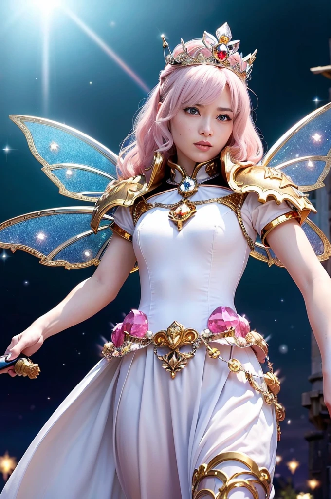(Tabletop), Professional , masterpiece、Highest quality、Photo Real , Depth of written boundary （Gemstone Silver Metal Body:1.９),(Matt W White Pink、Jewel Gold Weapon、（Gorgeous castle background）、（The ultimate beauty）、（Rainbow fairy wings grow）、Particles of light、（Metal body of iridescent gemstones:1.９),Gorgeous jeweled metal weapons , Details of the Sword of the Brave ,（ Blonde） ,Warhammer 40K , Acquired sisterhood,Detailed decorative jeweled crown、solo、Brown Hair、（Gangl Forest Background）、美しい白people美people、１people、Dynamic Angle,(((A luxurious diamond tiara with attention to detail)))、Small Face、Powerful pose、（Gorgeous castle background）、Large file size、Beautiful 20 year old woman、Stand in the center of the screen、Slender female fingers、Straight Long Hair、美しい白people美people、（maikurobiki）、Hair blowing in the wind、Look forward、Look at the viewers、
