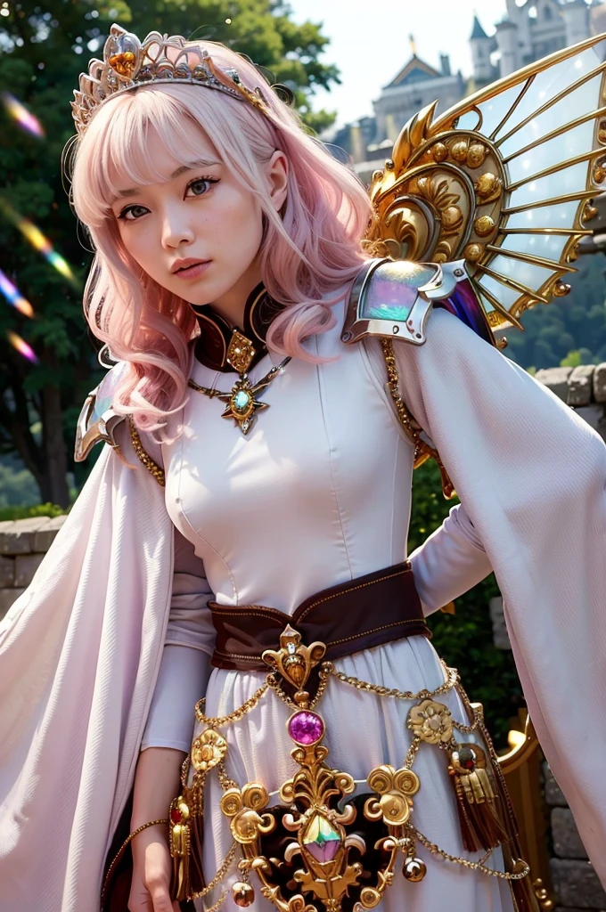 (Tabletop), Professional , masterpiece、Highest quality、Photo Real , Depth of written boundary (Gemstone Silver Metal Body:1.9),(Matt W White Pink、Jewel Gold Weapon、(Gorgeous castle background)、(The ultimate beauty)、(Rainbow fairy wings grow)、Particles of light、(Metal body of iridescent gemstones:1.9),Gorgeous jeweled metal weapons , Details of the Sword of the Brave ,( Blonde) ,Warhammer 40K , Acquired sisterhood,Detailed decorative jeweled crown、solo、Brown Hair、(Gangl Forest Background)、美しい白people美people、1people、Dynamic Angle,(((A luxurious diamond tiara with attention to detail)))、Small Face、Powerful pose、(Gorgeous castle background)、Large file size、Beautiful 20 year old woman、Stand in the center of the screen、Slender female fingers、Straight Long Hair、美しい白people美people、(maikurobiki)、Hair blowing in the wind、Look forward、Look at the viewers、