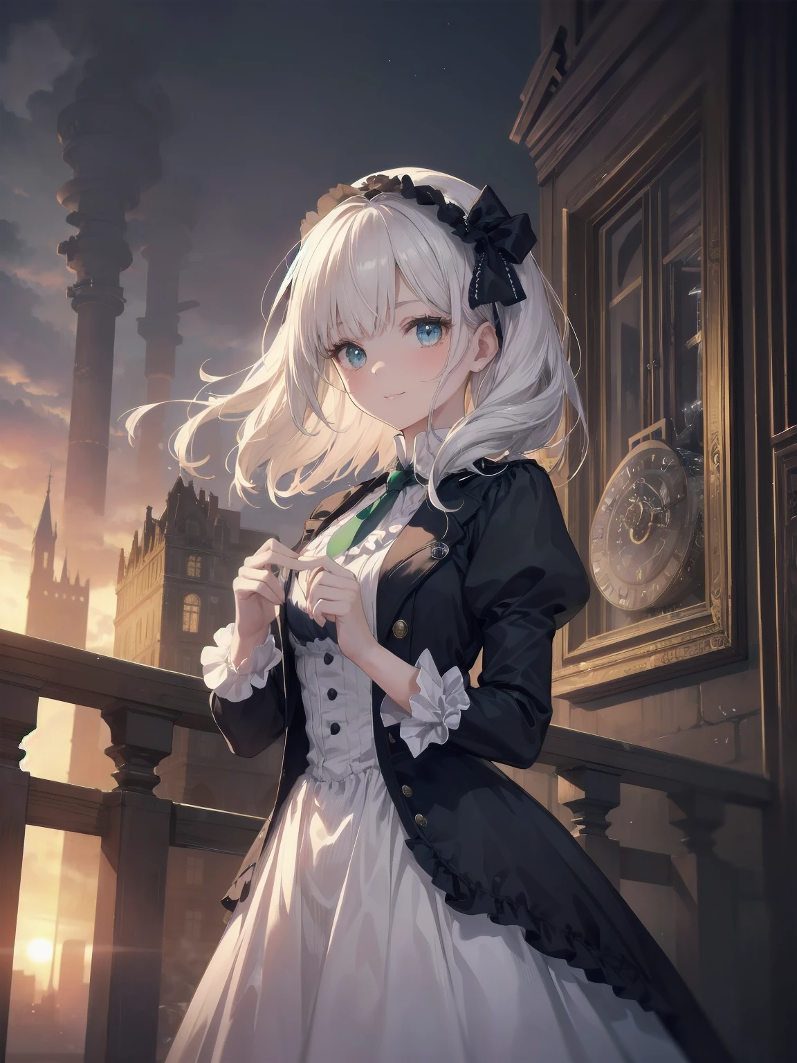 (Highest quality、16K、masterpiece、Ultra-high resolution、Victorian era、Photorealistic:1.2)、A delicate ta girl, aged 13, stands on a castle balcony at dusk, surrounded by the city's skyline and steampunk contraptions. Her platinum hair is messy, framing her androgynous charm. She wears a flowing white dress with a light green tie and holds a pocket watch in hand. A subtle smile plays on her lips as she gazes out at the night view, her eyes shining like sapphires. The air is filled with steam spewing from pipes, adding to the surreal atmosphere. Her skin glows with an ultra-dense texture, and her fingers are full and detailed.