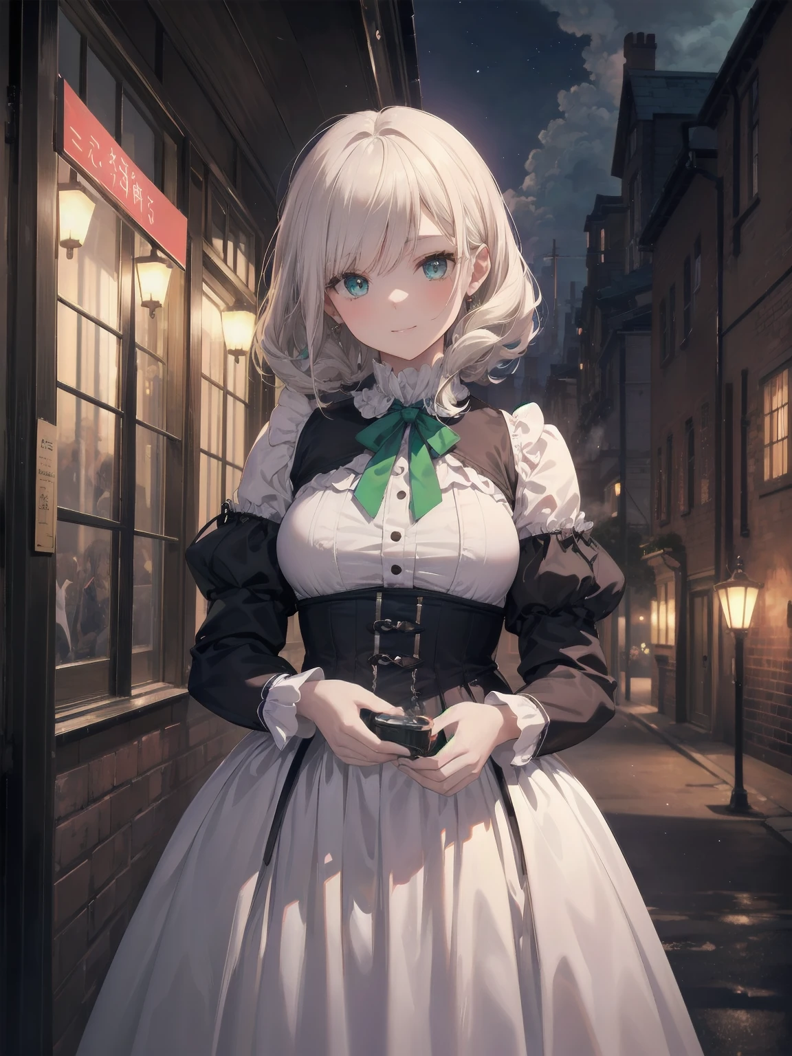 (Highest quality、16K、masterpiece、Ultra-high resolution、Victorian era、Photorealistic:1.2)、A delicate ta girl, aged 13, stands on a castle balcony at dusk, surrounded by the city's skyline and steampunk contraptions. Her platinum hair is messy, framing her androgynous charm. She wears a flowing white dress with a light green tie and holds a pocket watch in hand. A subtle smile plays on her lips as she gazes out at the night view, her eyes shining like sapphires. The air is filled with steam spewing from pipes, adding to the surreal atmosphere. Her skin glows with an ultra-dense texture, and her fingers are full and detailed.