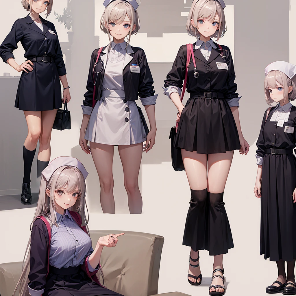 nurse、smile, 4 poses,(Character Sheet:1) (Multiple Views Full Body Upper Body Reference Sheet:1)