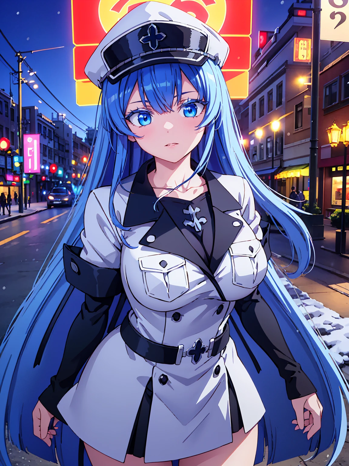 a girl with long blue hair, blue eyes, blue eyelashes, big breasts, white sweatshirt with a hat, walking, upset, on a street in Russia, snowing heavily, at night, (best quality,4k,8k,highres,masterpiece:1.2),ultra-detailed,(realistic,photorealistic,photo-realistic:1.37),HDR,UHD,studio lighting,extreme detail description,vivid colors,portrait,dramatic lighting,cold color tone