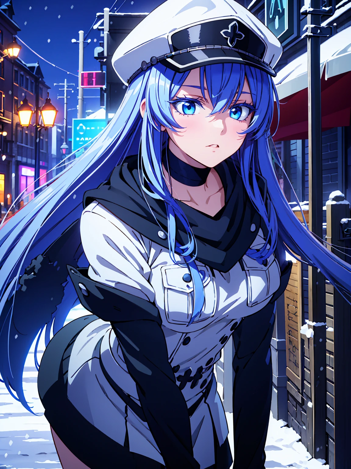 a girl with long blue hair, blue eyes, blue eyelashes, big breasts, white sweatshirt with a hat, walking, upset, on a street in Russia, snowing heavily, at night, (best quality,4k,8k,highres,masterpiece:1.2),ultra-detailed,(realistic,photorealistic,photo-realistic:1.37),HDR,UHD,studio lighting,extreme detail description,vivid colors,portrait,dramatic lighting,cold color tone